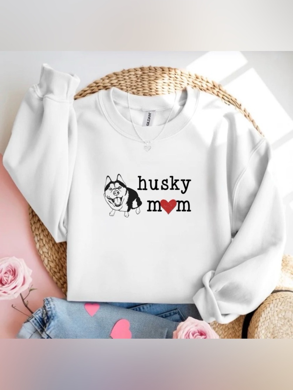 Husky Mom Heart White Crewneck Sweatshirt Dog Lover Cute Husky Shirt